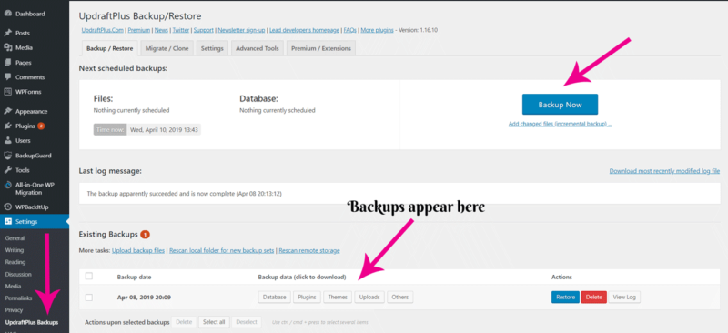 backing up WordPress using UpdraftPlus