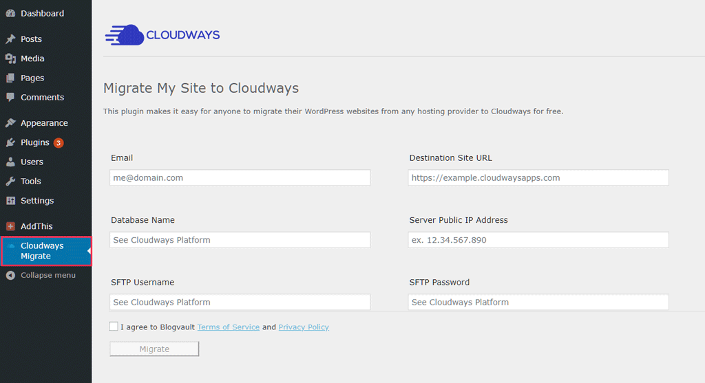 Dashboard of cloudways