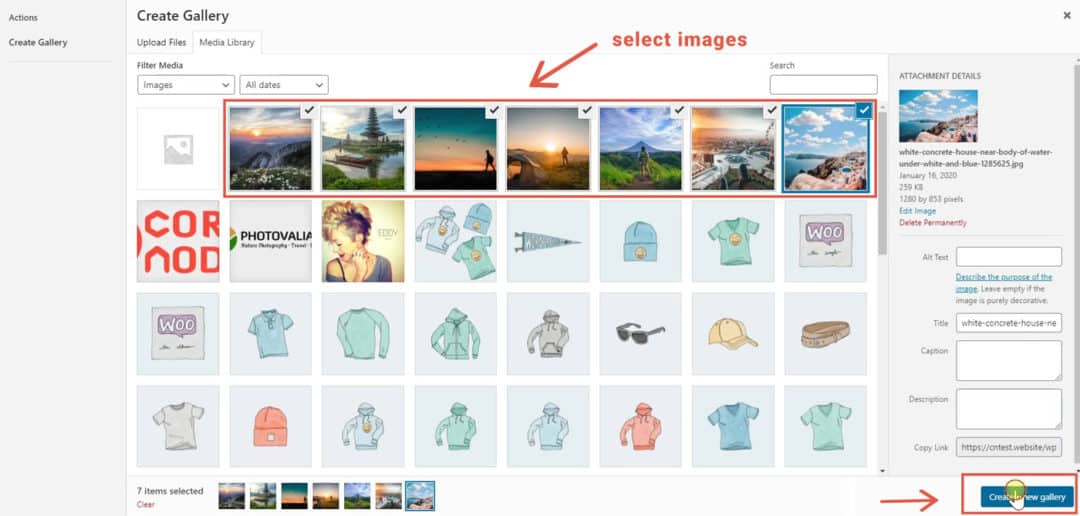 create gallery - select images from media library