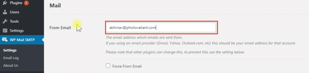 adding from email in wp mail smtp