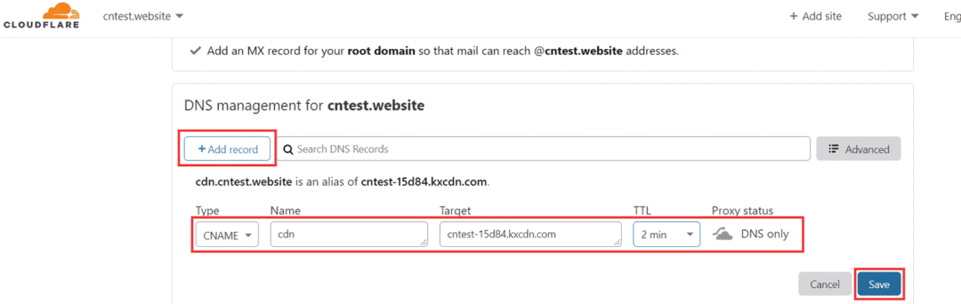 add cname dns record for keycdn in cloudflare
