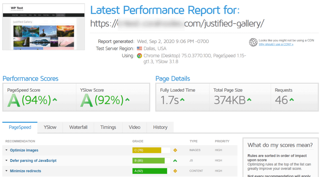justified gallery plugin - gtmetrix performance report