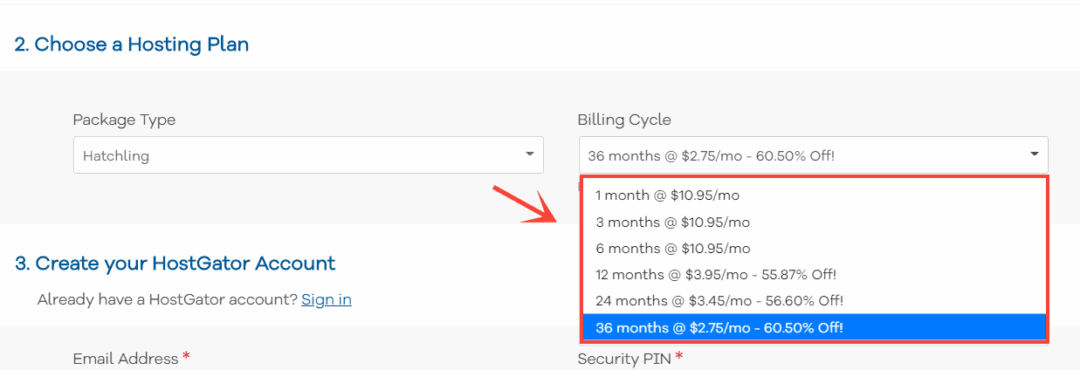 select a billing cycle