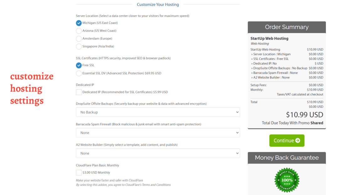 a2 hosting - customize package