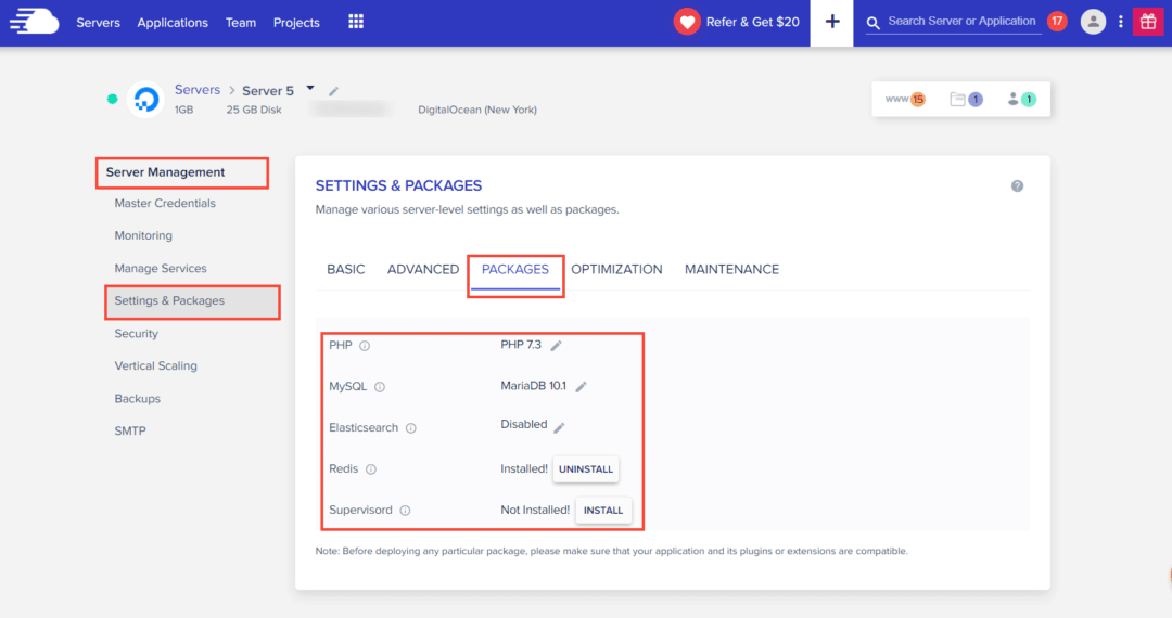 cloudways server settings & packages