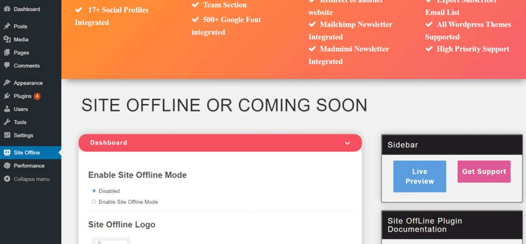site offline or coming soon plugin admin page