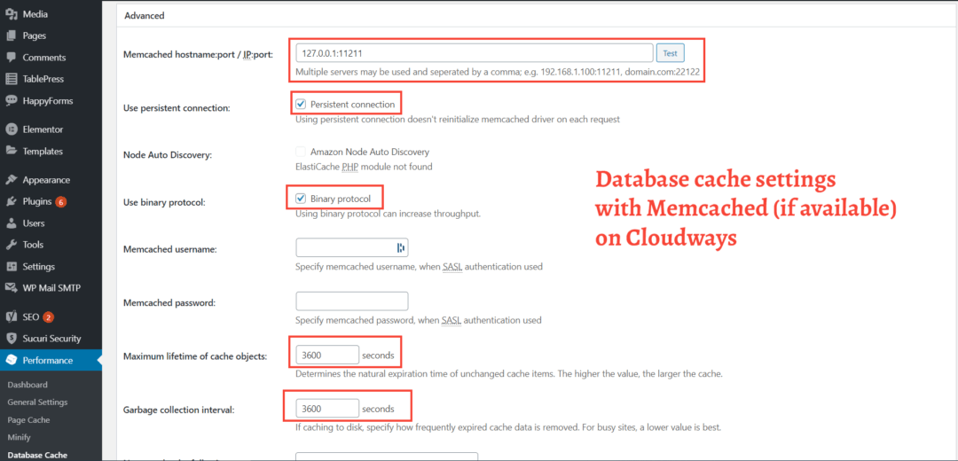 w3 total cache database cache settings on Cloudways