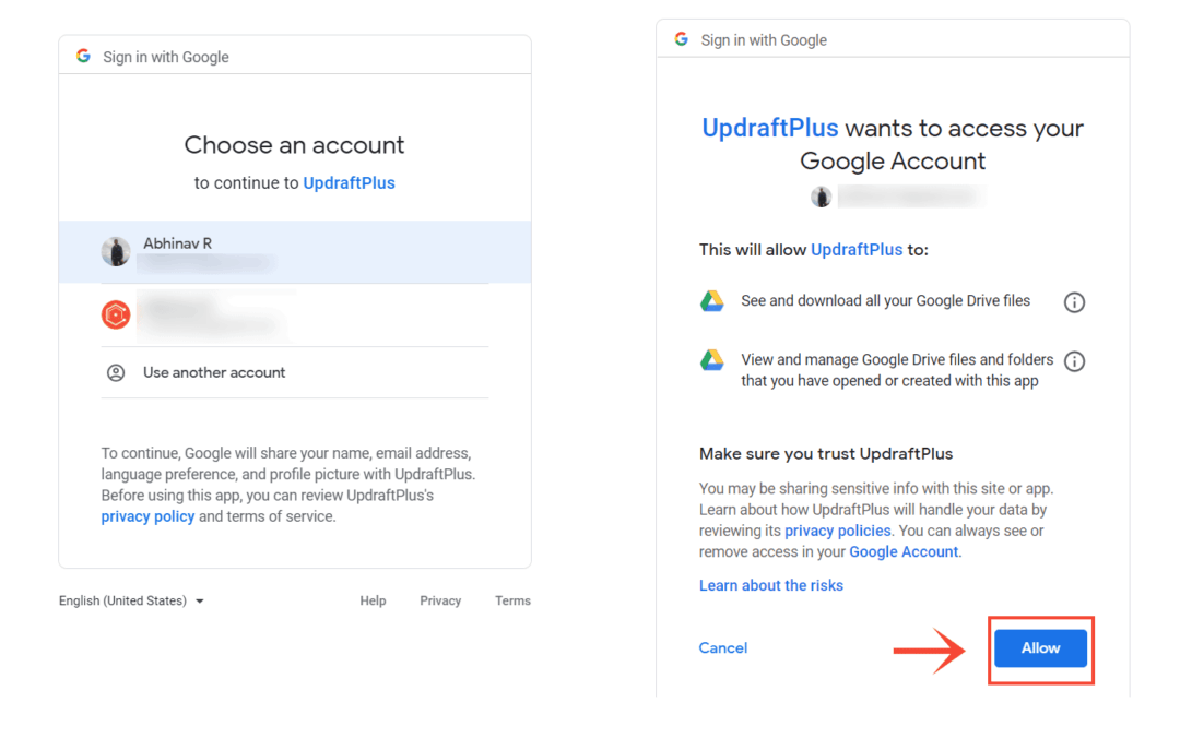 giving updraftplus access to Google Drive