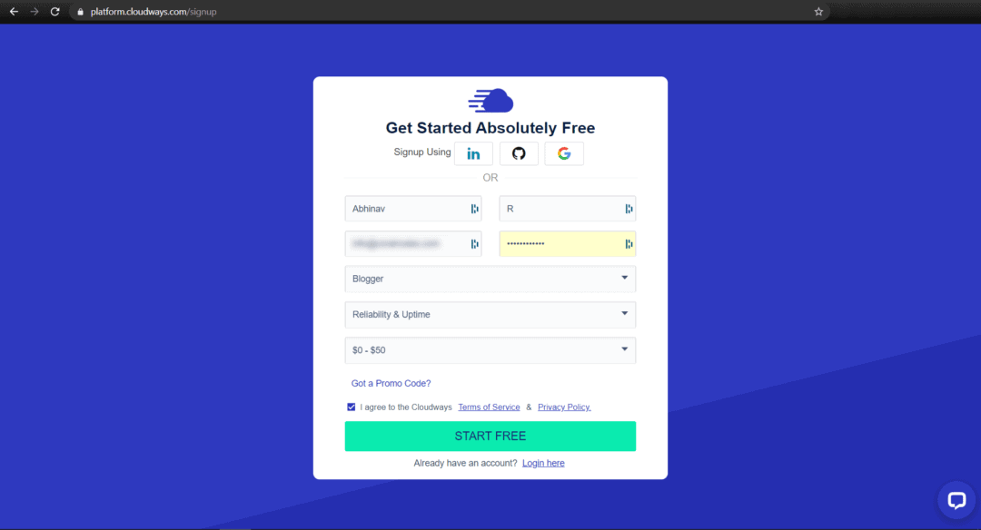 signup with cloudways