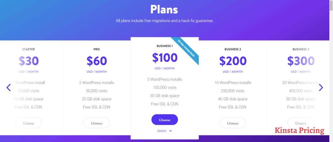 Kinsta pricing - starter to business plans
