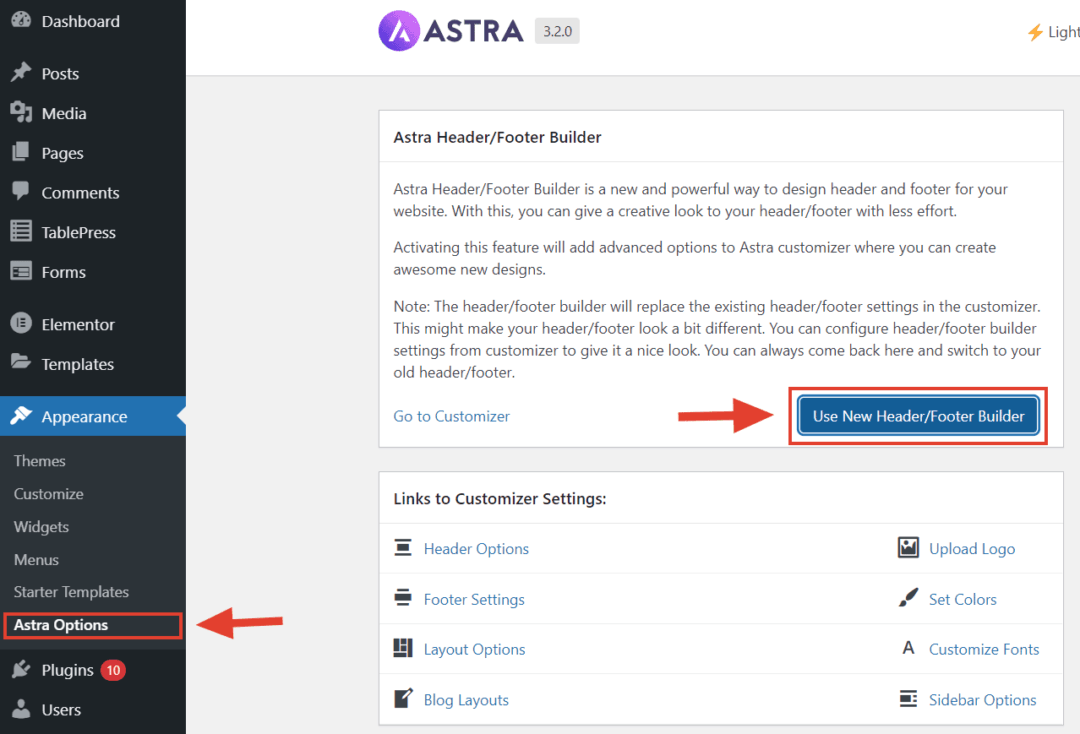 enable new Header Footer Builder in Astra theme