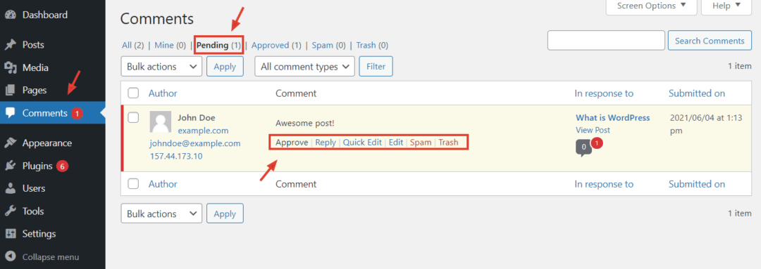 manually moderate a wordpress comment