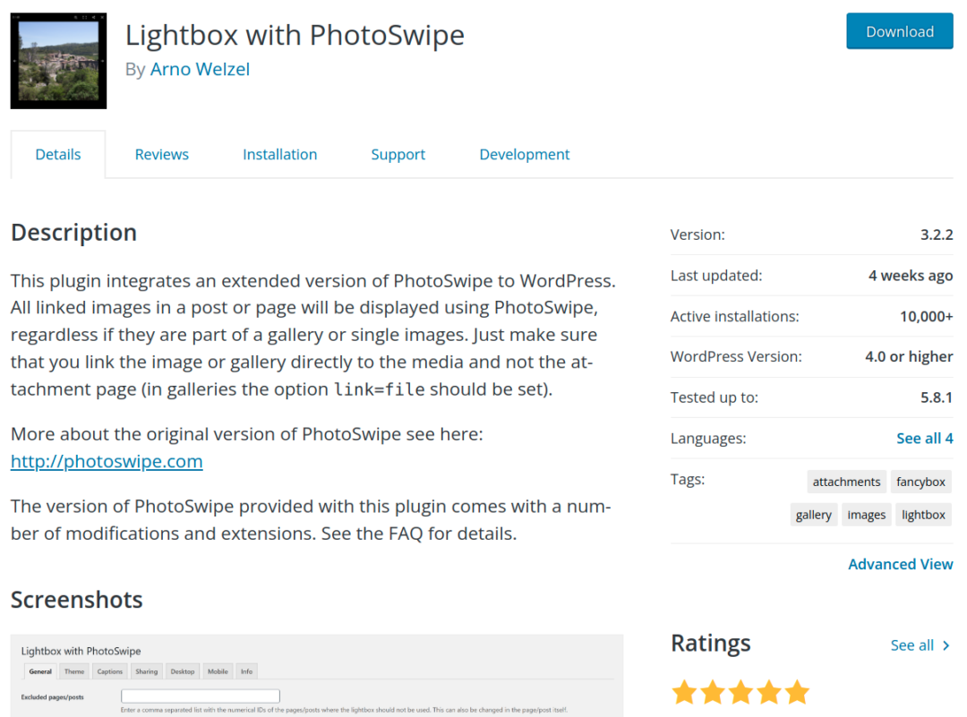 Lightbox with Photoswipe on WordPress repository