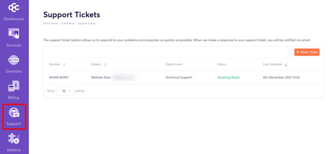 support tickets page - Chemicloud client area