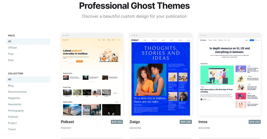 Ghost themes marketplace