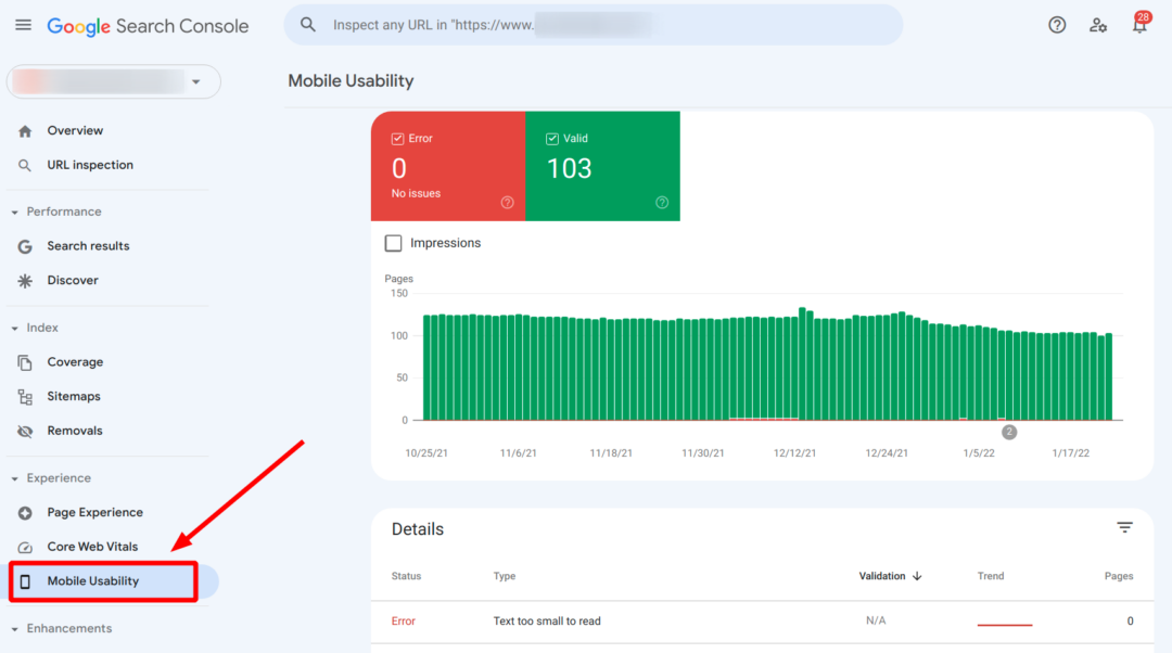 Mobile Usability section on Google Search Console