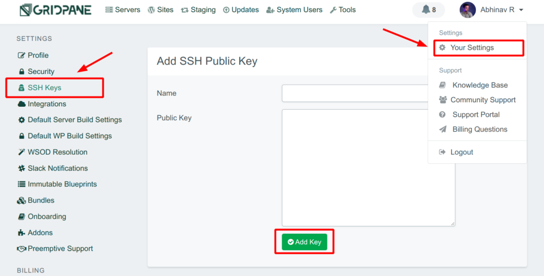 adding SSH keys to GridPane control panel