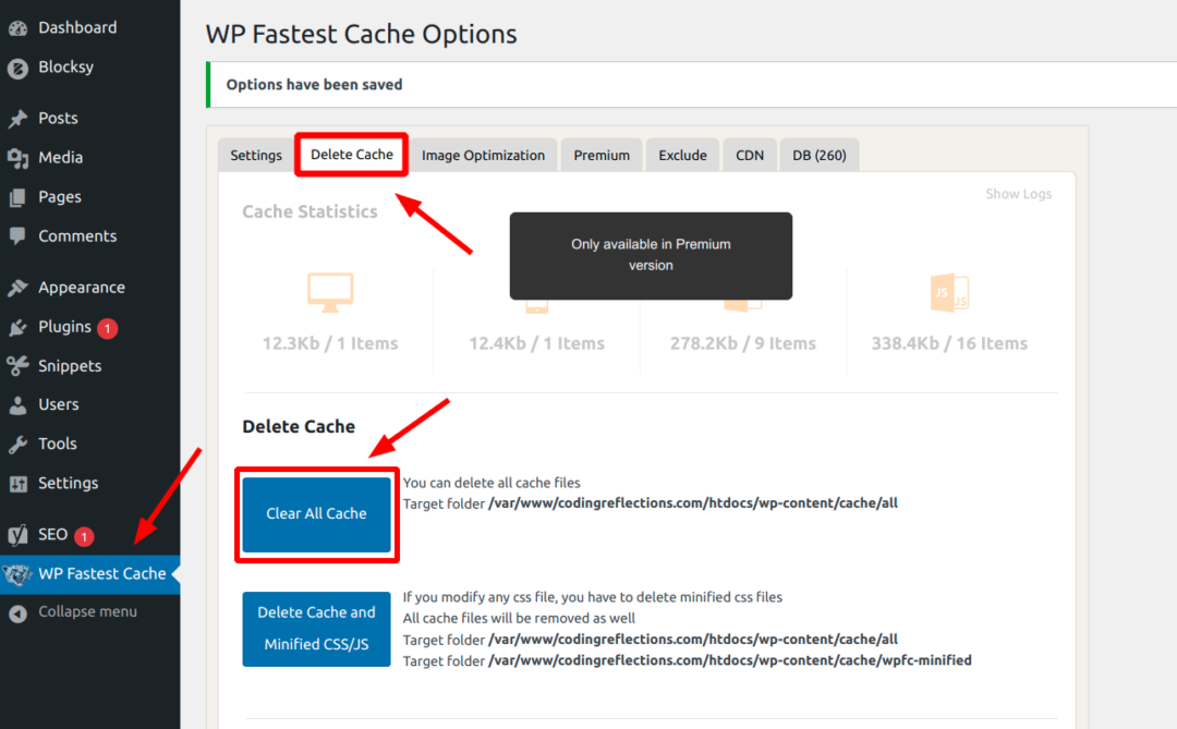 Delete cache in WP Fastest Cache plugin